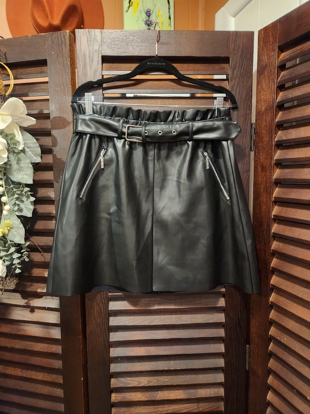 Marc New York Black Faux Leather Belted Mini Skirt